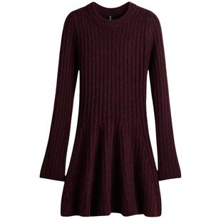 HM女装连衣裙冬季圆领喇叭形罗纹针织连身长裙1295888