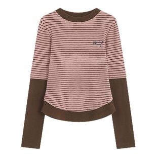 Bobbybecky 美式复古条纹打底衫初秋拼接针织上衣长袖修身撞色tee