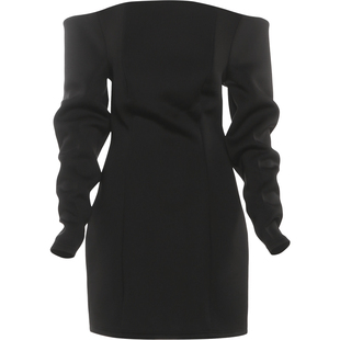 #Sisjuly#高级质感studios 时尚小姐宽松一字肩修身长袖连衣裙女