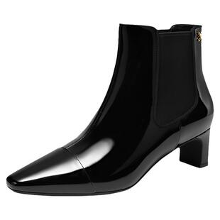 natursun法式时装靴舒适冬季小方头显瘦牛皮气质切尔西靴短靴