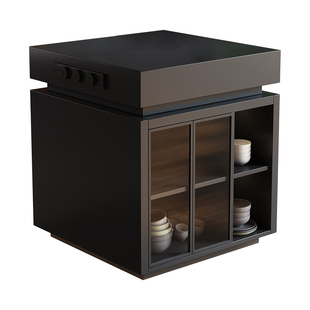 纯黑哑光岩板岛台柜单独可移动玻璃柜门多功能储物柜可定制餐边柜