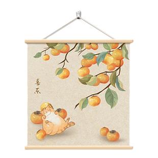 新中式餐厅装饰画柿柿如意客厅背景墙挂画原木风寓意好饭厅卷轴画
