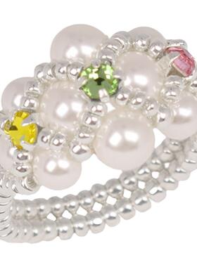 手工定制戒指纯银米珠小众原创设计施家珍珠三色可爱戒指食指编织