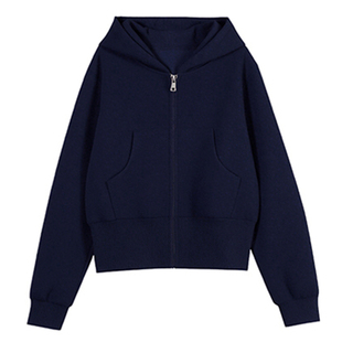 藏青色正肩短款卫衣女秋冬季新款连帽收腰修身外套韩系百搭上衣潮