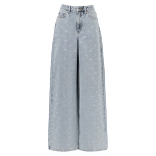 self-portrait 2025早秋新款浅牛仔蓝烫钻蝴蝶结水洗牛仔阔腿裤