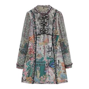 LULUALWAYS夏季优雅蝴蝶结装饰印花图案立领长袖短款绿色连衣裙