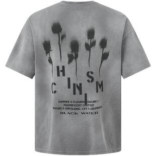 CHINISM 水洗玫瑰印花做旧短袖纯棉T恤男夏休闲上衣/CXQB25H2105