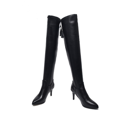 中跟弹力靴真皮细跟尖头长筒靴女