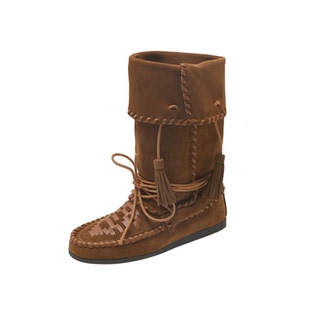 2025新款复古内增高流苏编织绑带拳击靴真皮百搭大码显瘦推推靴女