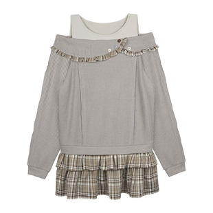 SagiDolls少女斗志不挑身材!甜美针织拼接棕格假两件宽松连衣裙秋