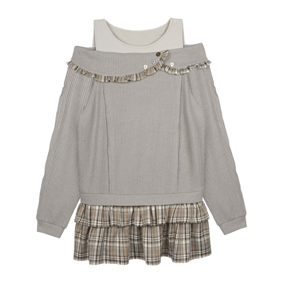 SagiDolls少女斗志不挑身材!甜美针织拼接棕格假两件宽松连衣裙秋