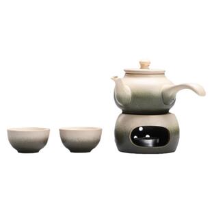 日式粗陶蜡烛暖茶炉陶瓷功夫茶具竹青古陶煮茶壶复古侧把壶+底炉