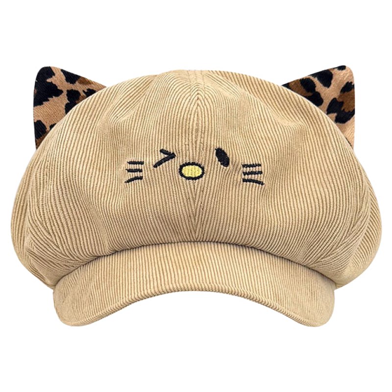 美拉德灯芯绒豹纹猫耳朵贝雷帽子