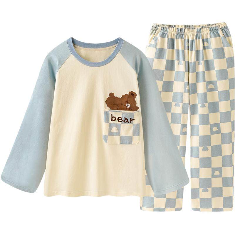 Pinksea情侣睡衣女春秋棋盘格纯棉长袖套装宽松大码男士家居服