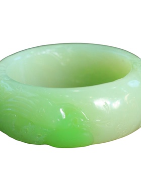 和田玉翠青轮胎镯凤凰涅槃雕花镯