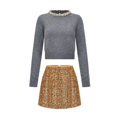 MAI DIRE MAI2026早春钻链圆领羊毛针织长袖上衣高腰亮片半裙套装