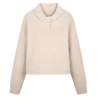 Cozydoll慵懒风水貂毛亲肤软糯米杏白翻领保暖厚实短款显瘦毛衣