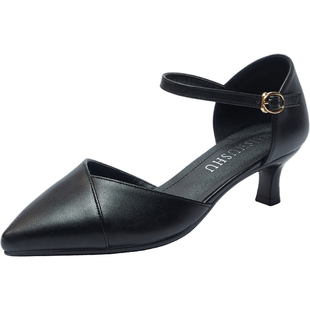 百搭春夏尖头细跟中空包头凉鞋女包跟一字扣黑色高跟鞋礼仪工作鞋