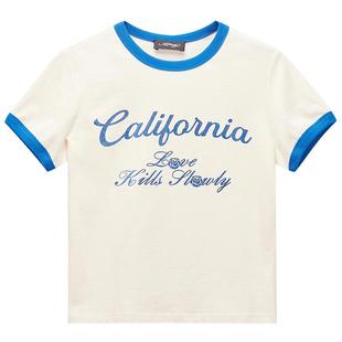 Ed Hardy埃德哈迪春季流行新款拔印烫钻圆领袖口撞色女士短袖T恤