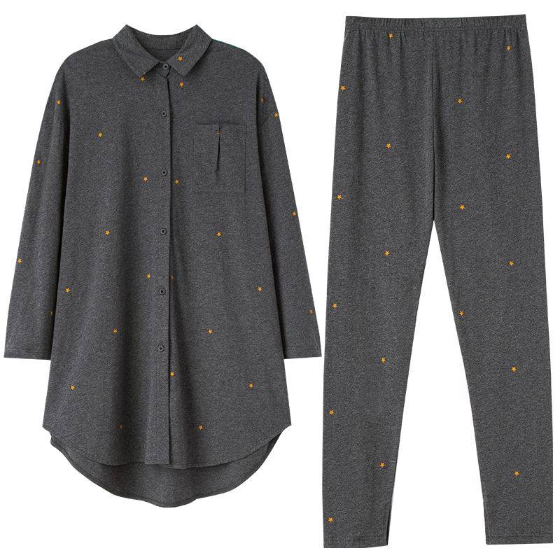妮狄娅睡衣女春秋纯棉长袖衬衫领时尚开衫显瘦小脚裤春家居服套装