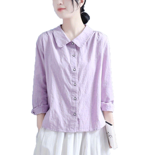 纯色衬衫女2023春季新款文艺复古风娃娃领提花休闲宽松长袖上衣