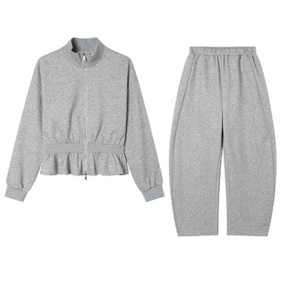 白鹿语韩系灰色减龄休闲运动套装25秋新款拉链卫衣外套长裤两件套