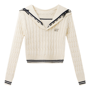 TNQT心碎创可贴  针织海军领绞花撞色毛衫条纹纯色压褶针织短裙女