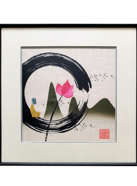 清仓苏绣茶室禅意挂画实木框