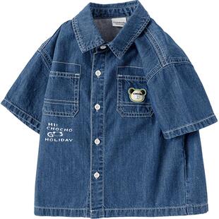 巴拉巴拉童装儿童短袖衬衫纯棉牛仔外套男童夏装宽松上衣印花潮流