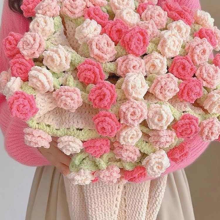 尖角玫瑰花花束毯子毛线手工编织diy材料包钩织花朵毛毯七夕礼物
