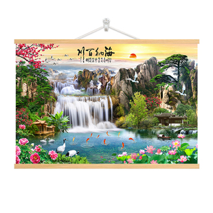 山水画流水生财实木卷轴挂画客厅装饰画沙发背景墙免打孔壁画布画