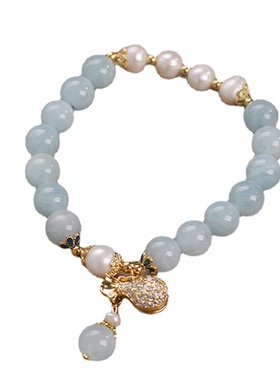 女天然海蓝宝小众设计钱袋吊坠