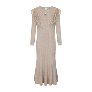 脸儿艺 手工绣花立体草莓果卡其蕾丝 桑蚕丝羊毛混纺 复古连衣裙