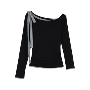 pusumede 贝妮时报 系带设计感斜肩针织衫女气质修身露肩T恤上衣