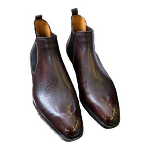 咖色渐变色霍尔纹沉船皮荔枝纹进口皮切尔西矮靴手工固特异琴底