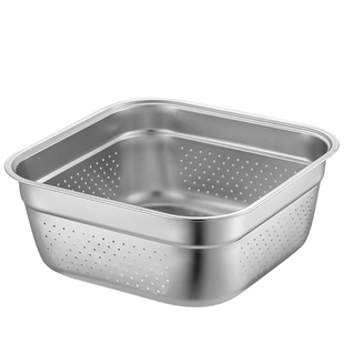 不锈钢正方形方筛冲孔滤盆特厚平底沥水盆洗菜筐卤菜盘漏油盆方盆