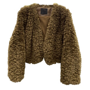 韩系新款时尚气质羊羔毛V领短款外套显瘦减龄仿皮草软糯毛毛上衣