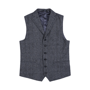 IsirHonour复古绅士黑灰威尔士亲王格子修身羊毛西装领马甲男马夹