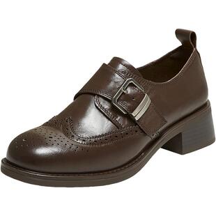 百思图2026春季商场新款牛皮粗跟乐福鞋黑色布洛克皮鞋女WA101AM6