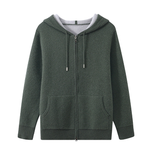 100%纯山羊绒带兜拉链带帽连帽衫男士开衫外套秋冬保暖加厚毛衣