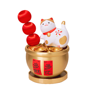 逅里「喵万财」手绘招财猫 黄铜聚宝盆小摆件 收银台开业礼物高档