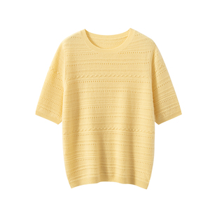 100%山羊绒衫女短袖圆领镂空针织百搭洋气减龄通勤半袖打底衫上衣