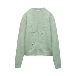【特】西班牙 薄荷花香 浅绿色羊毛针织清新珍珠钉珠毛衣开衫外套