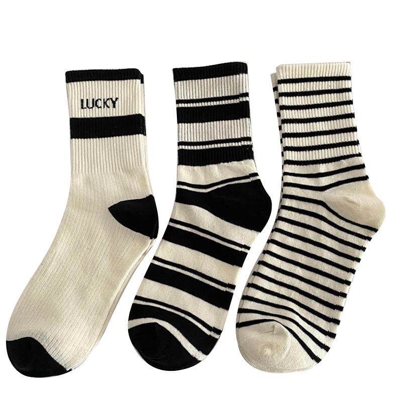 黑白条纹袜子女中筒袜春秋款棉袜ins潮日系外穿秋冬厚款网红潮袜