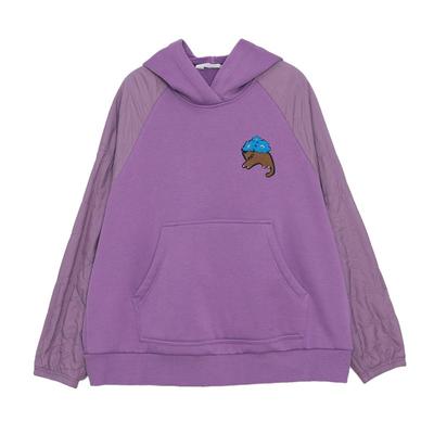 MOVEUP幻走2024冬季新款.FUN系列加绒撞布拼接猫咪章仔短款卫衣女