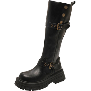 不过膝长筒靴子女款小个子秋冬女靴厚底中筒马丁靴高筒骑士瘦瘦靴