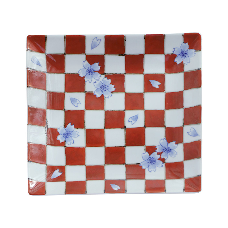 日本有田烧棋盘格方盘全手工