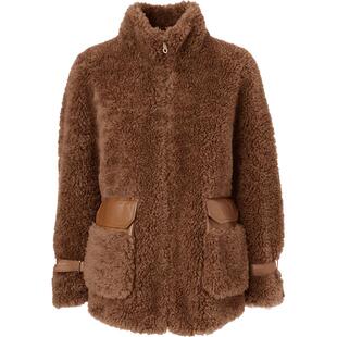 Goodland美地女装冬季复古立领保暖环保羊毛皮草大衣外套