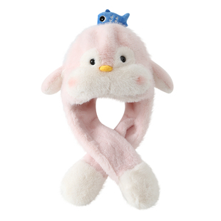 可爱企鹅耳朵会动儿童帽子女孩秋冬保暖毛绒一体帽男女宝宝防寒帽