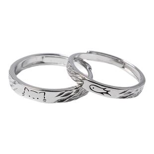 ZESHUO 吃定你 足银999情侣对戒纯银小猫小鱼原创设计款可爱戒指